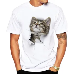 Men's 3D cat print white t-shirt casual crewneck short sleeve summer top fashion tee