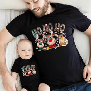 Christmas family matching short sleeve t-shirt and baby romper with cute reindeer print.