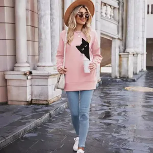 Women's pink long sleeve sweatshirt featuring a cute black cat graphic print for casual wear.