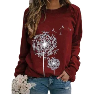 Dames casual lange mouw ronde hals sweatshirt met witte paardenbloem print, losse herfst top.