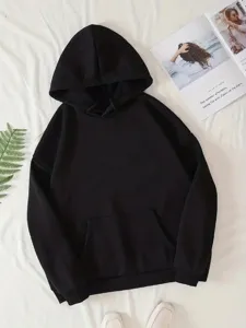 Effen kleur lange mouw capuchon sweatshirt voor vrouwen casual zwarte trui hoodie