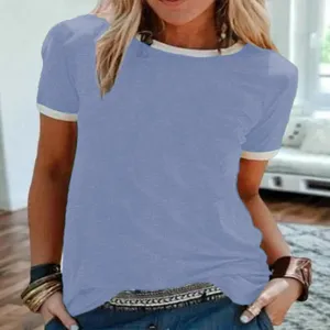 Detail view of casual solid color crewneck short sleeve t-shirt with contrast white trim.