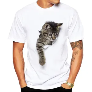Close up view of the 3D realistic tabby cat print detail on the white casual cotton t-shirt.