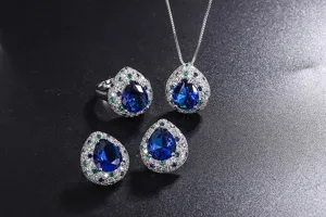 European vintage simulated tanzanite pear-shaped gemstone jewelry set ring earrings necklace