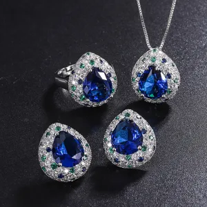 Vintage Water Drop Simulated Tanzanite Blue Sapphire Rhinestone Jewelry Set For Women Copper Gold Plated Necklace Earrings Ring