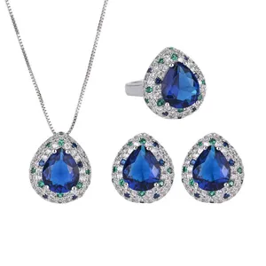 Elegant vintage blue sapphire teardrop pendant necklace ring earrings jewelry set main