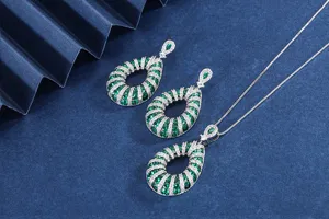 Detailed view of the elegant teardrop green gemstone necklace and matching earrings jewelry set.
