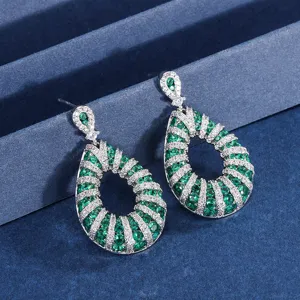 Elegant Teardrop Simulated Emerald Pave Zirconia Dangle Earrings Main Product Shot