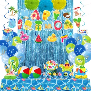 Décorations de Fête à la Piscine d'Été Thème Plage Tropicale Banderole d'Anniversaire Toppers de Gâteau Ballons Nappe Rideaux à Franges