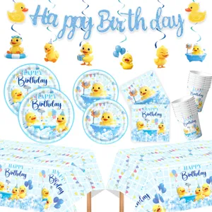 Süße Cartoon Gelbe Ente Thema Kinder Geburtstag Party Dekoration Zubehör Pappteller Becher Servietten Tischdecke Banner Set