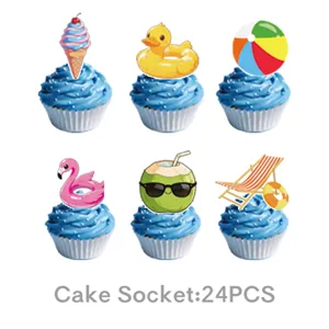 Ensemble de toppers de gâteau de fête d'anniversaire de plage d'été, décorations de cupcakes 24pcs