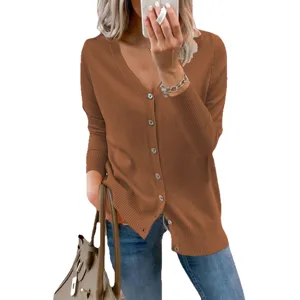 Stijlvolle dames V-hals gebreid vest, casual lange mouw knoopsluiting trui tops voor herfst.