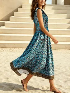 Blue leopard print sleeveless hoodie dress with zipper pocket for women casual beach wear.
