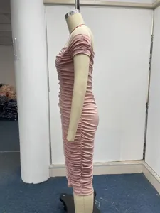 Damen schulterfreies einfarbiges gerafftes Midikleid elegantes Sommer Freizeitkleid