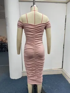 Damen schulterfreies rosa gerafftes Midikleid elegante Sommer Partykleid Ansicht