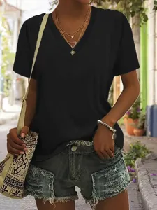 Women casual V-neck short sleeve solid color t-shirt for daily wear and summer fashion style