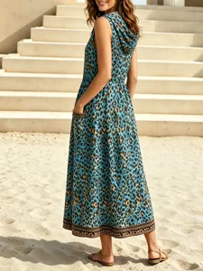 American casual leopard print hooded sleeveless long dress with pockets for beach and daily wear.