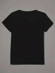 Black V-neck short sleeve t-shirt back view detail shot for women casual daily summer wear.