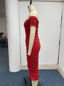Damen einfarbig schulterfreies gerafftes Midikleid elegante Sommerkleid lang Stil