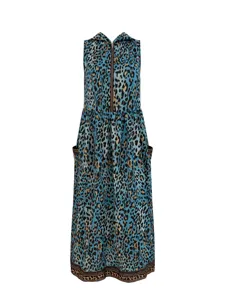 Blue leopard print sleeveless hooded maxi dress with zip pocket detail, casual beach wear.