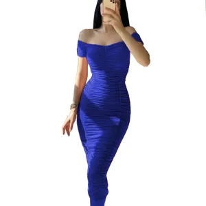 Atemberaubendes königblaues schulterfreies, gerafftes figurbetontes langes Sommerkleid Damen.