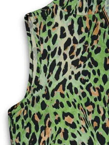 Green leopard print sleeveless dress detail, casual summer fashion apparel close up view.