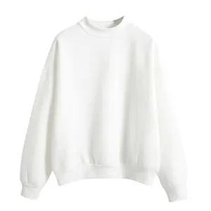 Effen witte sweatshirt met opstaande kraag, casual losse trui met lange mouwen.