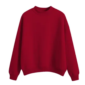 Gedetailleerd close-up van de effen rode opstaande kraag sweater stof, zachte textuur.