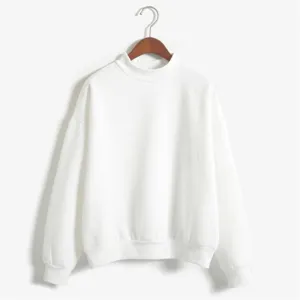 Effen witte sweatshirt met hoge hals en lange mouwen voor dames, casual basic kleding top.
