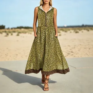 Stylish American casual leopard print sleeveless midi dress with zipper pocket beach wear