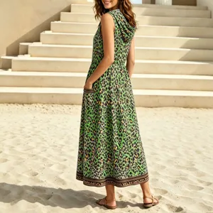 Green leopard print sleeveless hooded maxi dress with pockets, casual summer beach dress.
