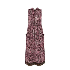 Pink leopard print sleeveless hooded midi dress with front zipper and practical side pockets.