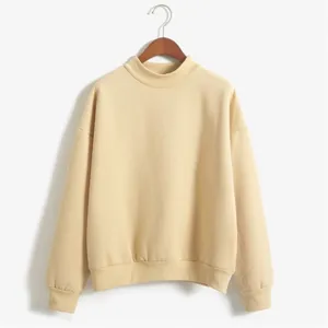 Gedetailleerd overzicht van een effen sweatshirt met opstaande kraag in beige, lange mouwen.