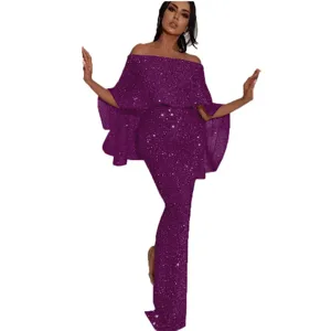 Elegantes schulterfreies Glitzer Meerjungfrau Abendkleid mit rüschenartigen Kapuzenärmeln Damen.