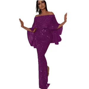 Lila glitzerndes schulterfreies Abendkleid mit Cape-Ärmeln und Schlitz für Damen.