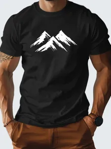 Detailed view of the black short sleeve t-shirt featuring a modern white mountain graphic print.