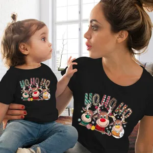 Matching Christmas family short sleeve t-shirts with cute reindeer and holiday print design.