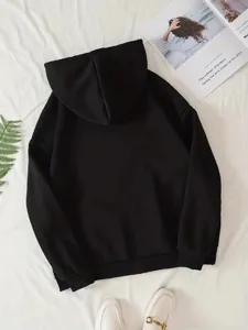 Effen zwarte dames hoodie met lange mouwen en capuchon, casual losse comfortabele trui.