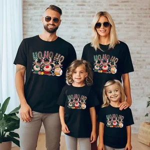 Family matching Christmas t-shirt, black cotton short sleeve top with reindeer print.