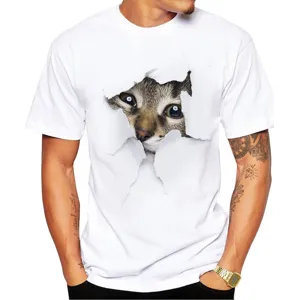 Men 3D Cat Print Casual T-Shirt Short Sleeve Round Neck White Summer Fashion Tee
