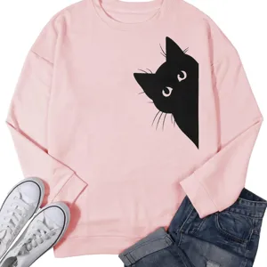 Pink long sleeve sweatshirt featuring cute black cat peeking design, casual daily top.
