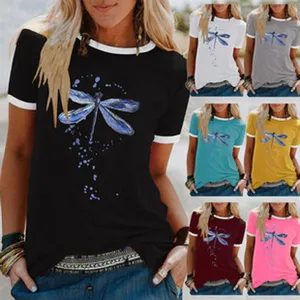 Damen Kurzarm T-Shirt Nahaufnahme Details mit wunderschönem Aquarell Libellen Druck.