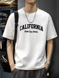 Detailed shot of men white short sleeve t-shirt with stylish California graphic print.