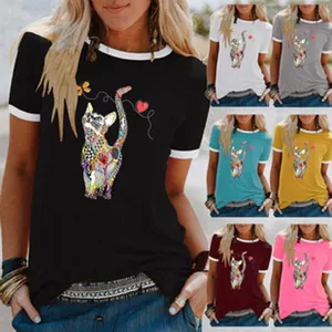 Damen Kurzarm T-Shirt mit buntem abstrakten Katzenprint Rundhalsausschnitt Oberteil.