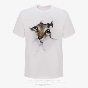 Detailed view of 3D cat print on white t-shirt, showcasing realistic textured ripped paper graphic.