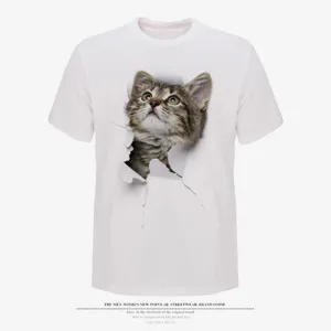 Men's white short sleeve T-shirt featuring a creative 3D cat print design for casual wear.