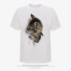 Men short sleeve white t shirt featuring a realistic 3d cat print design for casual wear.