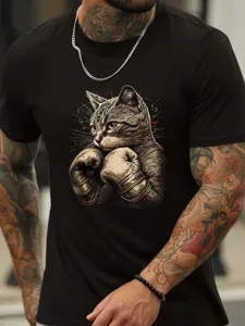Men black cotton short sleeve t-shirt with retro boxing cat graphic streetwear top