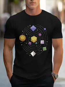 Men's black cotton short sleeve t-shirt featuring a creative cosmic polyhedral dice graphic print.