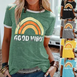 Damen Casual Leger Sitz Kurzarm T-Shirt Vintage Regenbogen Buchstaben Druck Rundhals Polyester Basic Tee Top
